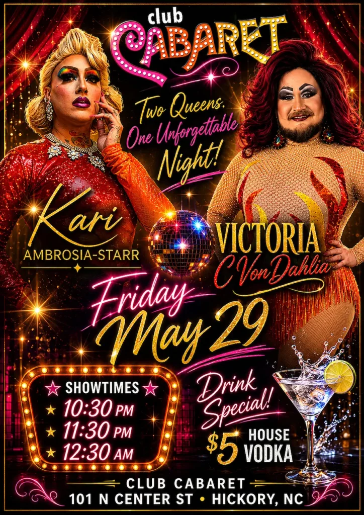 Event poster for show at Club Cabaret in Hickory, May 29th, 2026