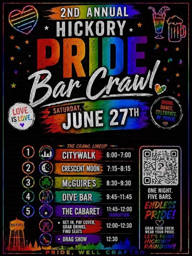 Poster for Hickory pride bar crawl on June 27th, 2026